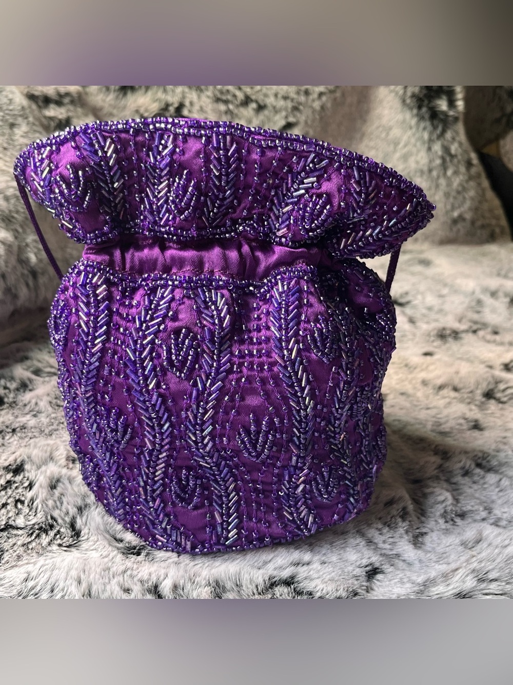 Artisan Purple Glass Beaded Drawstring Bucket Bag, Hand Embellished - Picture 5 of 15